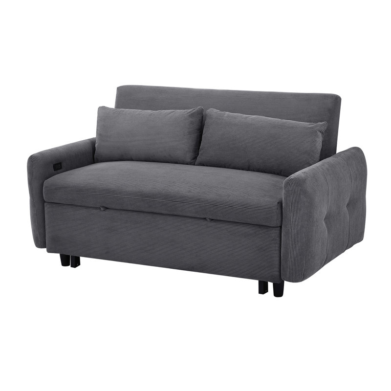 Dark Grey Bed With Foam Padding And Port, 57.24 57.24" Two Throw Pillows Corduroy, Ports, Dark Gray