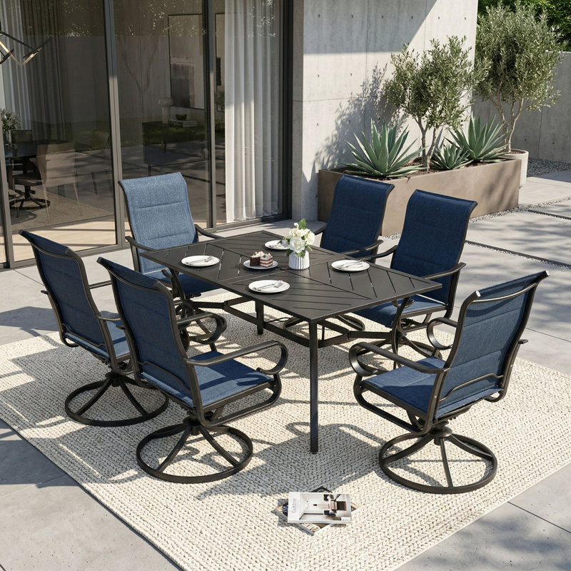 Burlington 7-piece Padded Textilene Patio Dining Set With Umbrella Hole, Swivel Design, Blue
