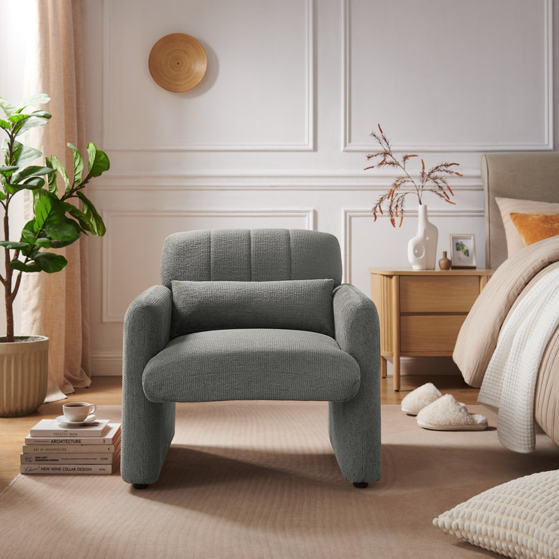 Chenille Upholstered Mordern Design Accent Armchair with Pillow, Gray Chenille