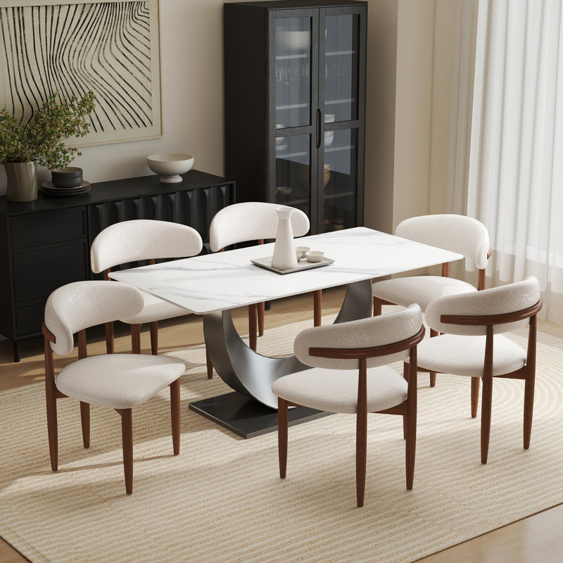 Juvan Modern Sintered Stone Dining Set, 7 Pieces: Table, 6 Chairs, 29.21" H x 62.99" W x 31.5" D, White/Brown