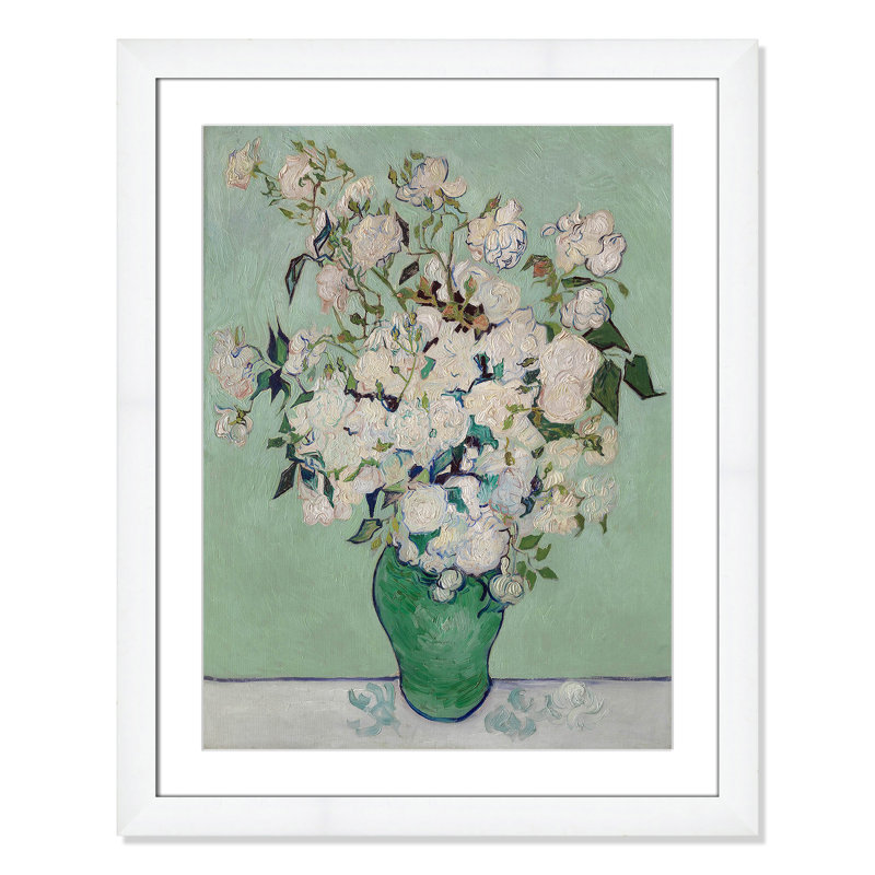 Roses encadrées sur papier par Vincent Van Gogh, reproduction, H 31 po x l 25 po x P 1,25 po, Cadre cubique blanc mat
