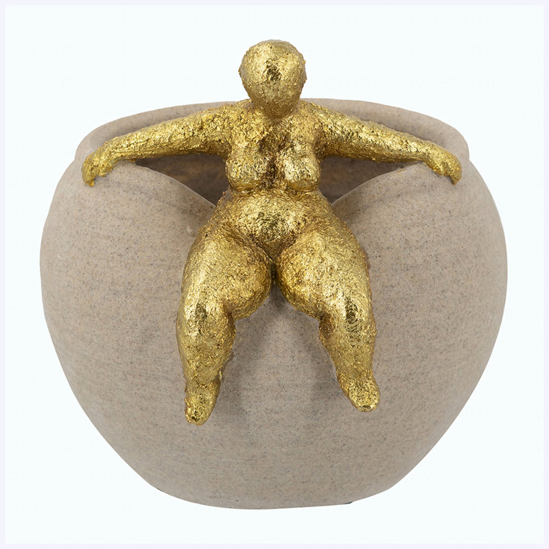 Pot à fleurs rond 9,3 po x 8,8 po x 8,8 po avec figurine abstraite dorée