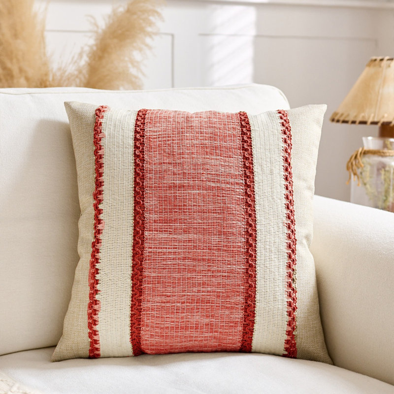 18 x 18 Inch Boho Striped Decorative Throw Pillow Covers, Red Striped