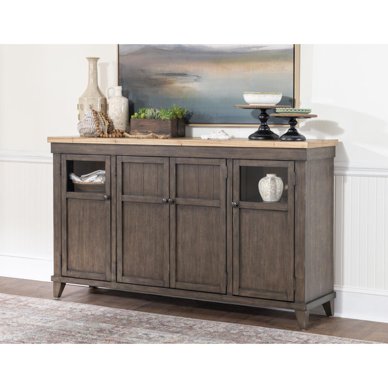 Credenza (4 Doors, 2 Glass Windows w/ Puck Lights, 1 Drawer, 4 Shelves/1 Adjustable Shelf), Brown/Tan