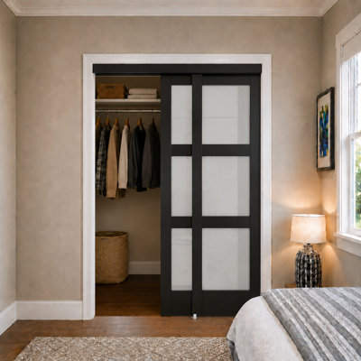 48"X 80"  Black 3-lite Frosted Glass  Sliding Closet Door With Installation Hardware Kit