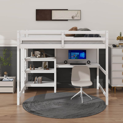 Wooden Twin Size Loft Bed With Built-In Shelves And Desk, Bed Including Desk & Full Guard Rail