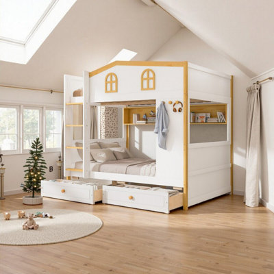 Lit superposé en forme de maison avec tablettes de rangement et tiroirs pour enfants, simple / double