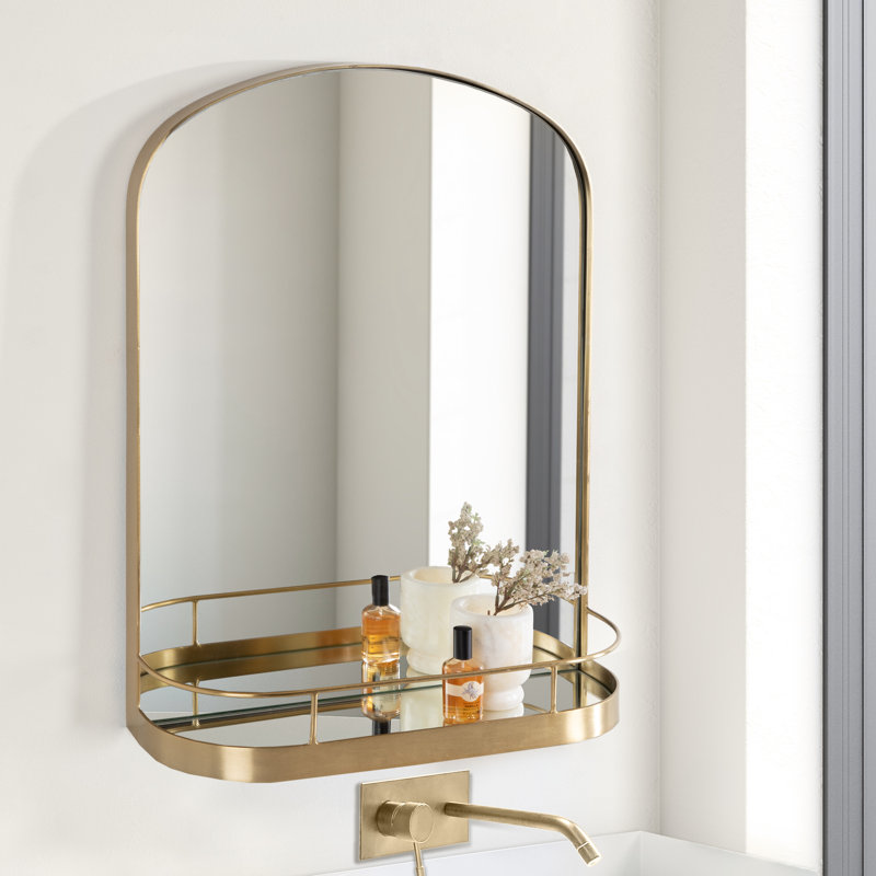 Cemile Metal Flat Mirror with Shelves, Gold
