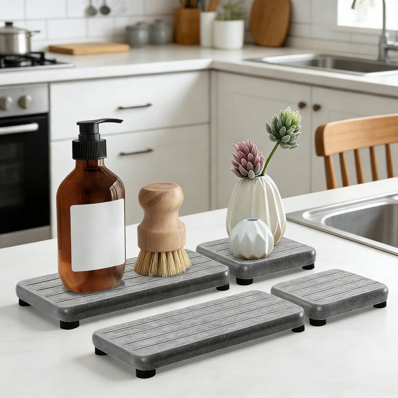 Natural Drying Tray Set For Bathroom Sink And Kitchen Countertop, Fast Water Absorbing Soap Dish And Sponge Holder With Anti-Slip Pads, Includes Multiple Sizes