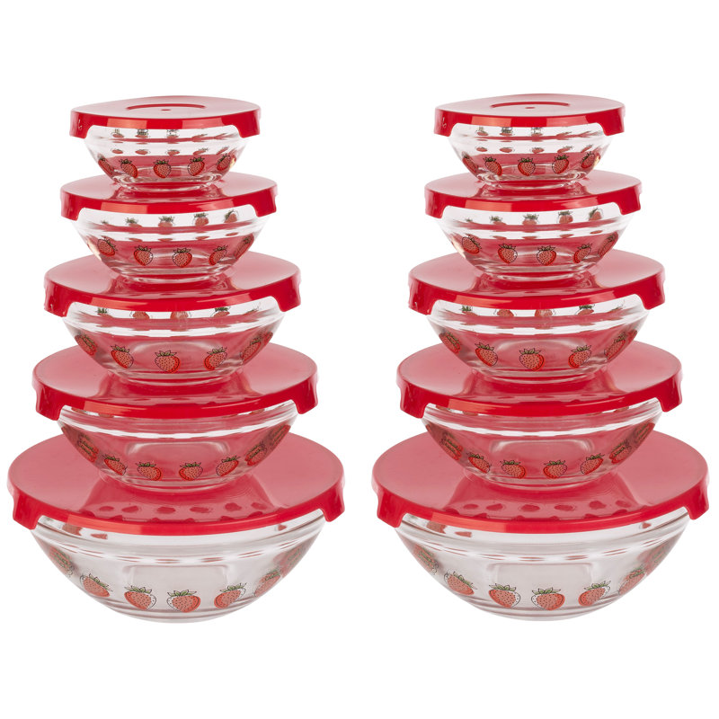 20-Piece Glass Bowls with Lids Set - Strawberry Design Mixing Bowls Set with Multiple Sizes