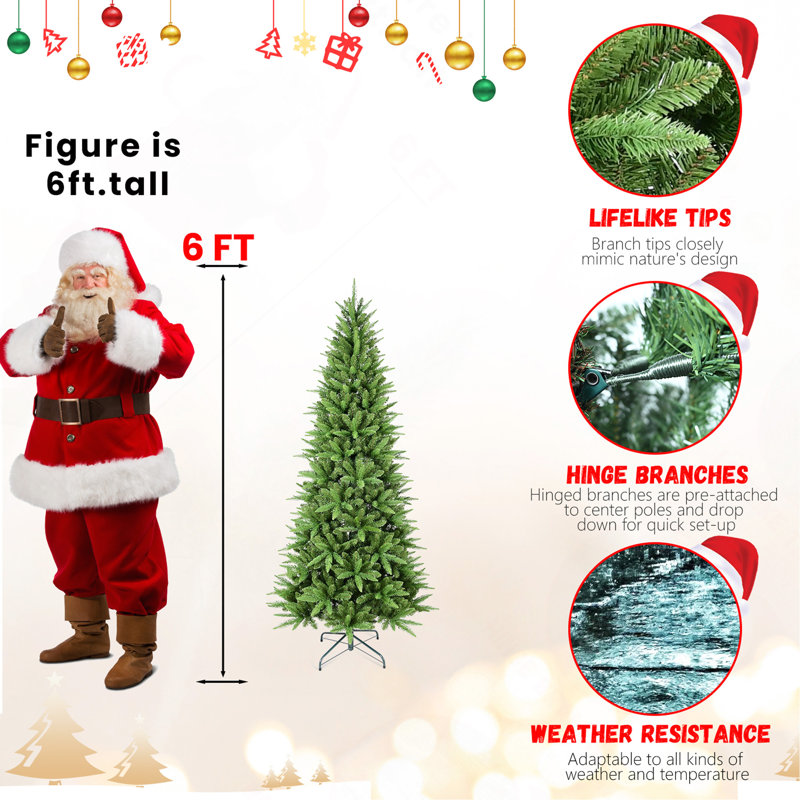 Arbre de Noël mince 9 pi - 2152 pointes, branches en PE + PVC, conception à charnières pour une installation facile, support en métal stable - idéal pour les coins et les petits espaces