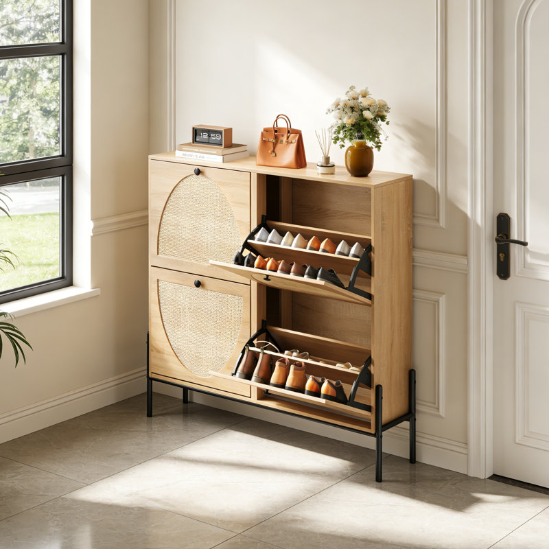 Armoire de rangement à chaussures 4 tiroirs en rotin pour vestibule et couloir, Brun