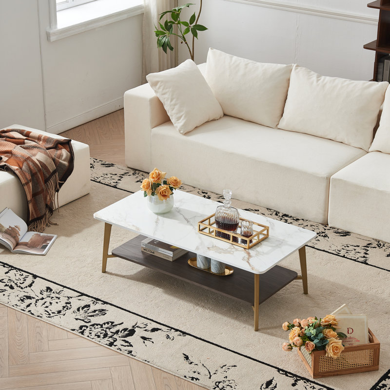 Table basse rectangulaire avec métal - doré + blanc, salon, conception spacieuse, cadre latéral facile à nettoyer et à assembler,