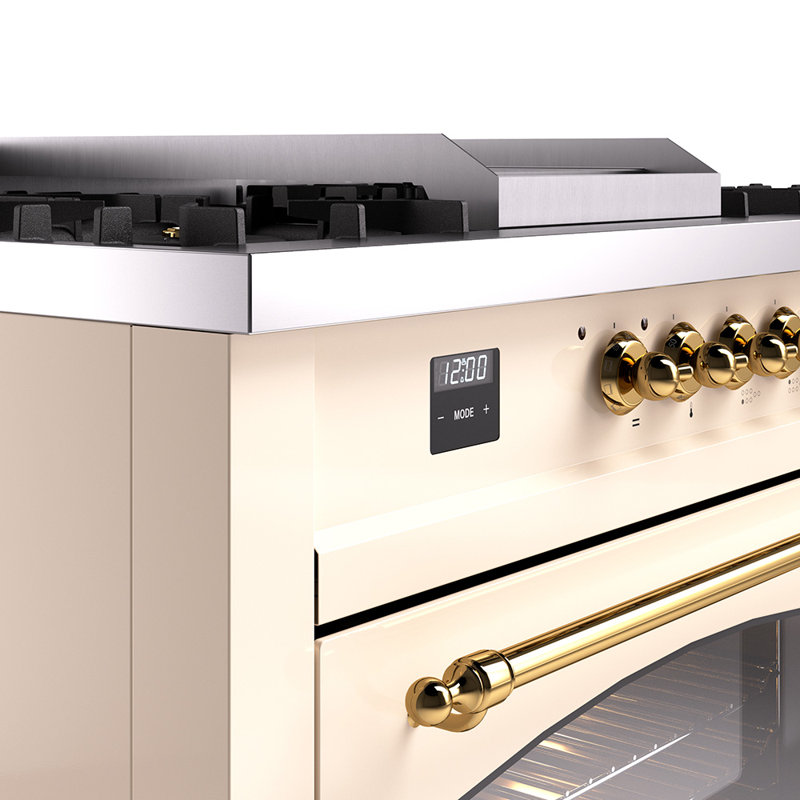 ILVE Nostalgie II 60 Dual Fuel Range, 5 Burners, Griddle, Frenchtop , Liquid Propane, Glossy Black/Brass
