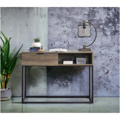 Bureau d'écriture rustique en chêne et noir avec tiroir et tablette