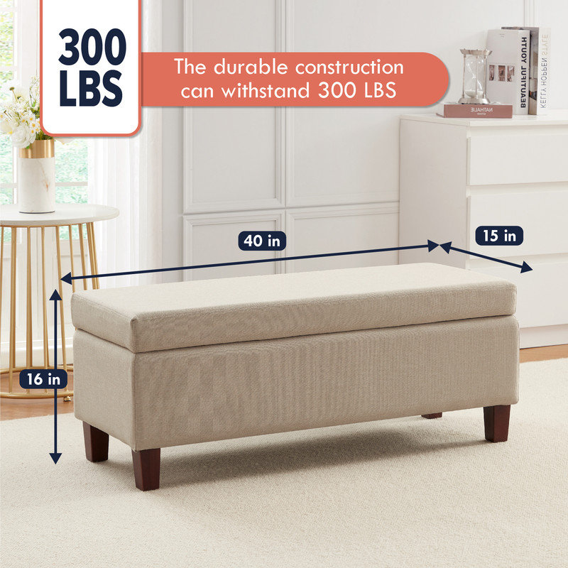 Upholstered Storage Bench, Beige Polyester