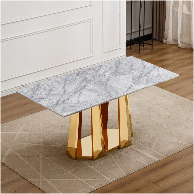 Table de salle à manger en marbre pour 6 personnes, table de salle à manger rectangulaire en faux marbre 70 po avec base en acier inoxydable à finition miroir, table de cuisine moderne en marbre de grande taille (or, gris) (table unique)
