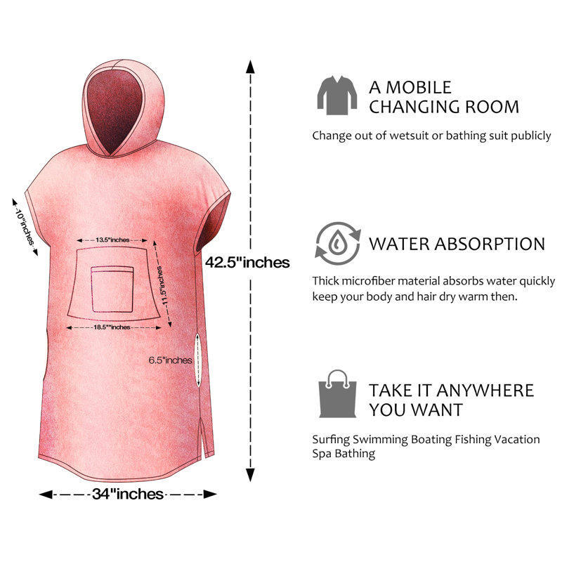 Pink Microfiber Hooded Surf Changing Poncho with Pockets