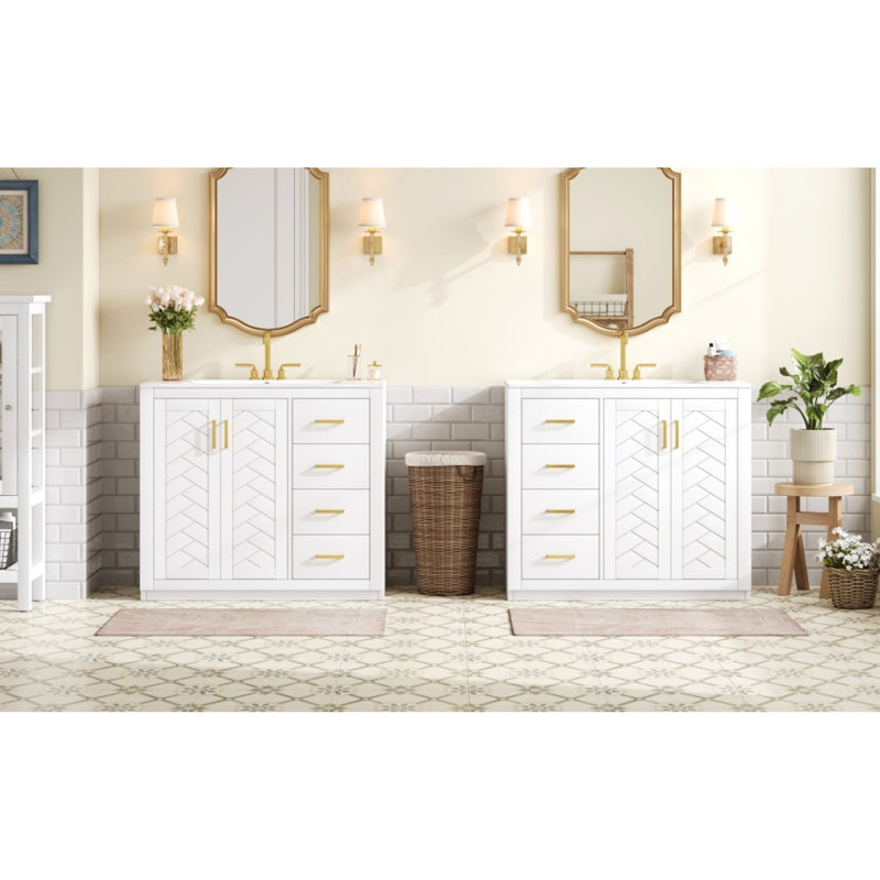 Élégant meuble-lavabo moderne en bois massif avec lavabo en céramique, parfait pour un rangement élégant dans la salle de bain