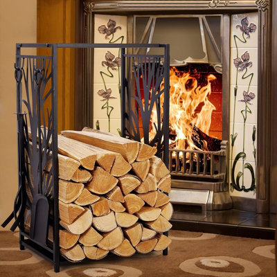 Ensemble de rangement porte-bûches pour bois de chauffage avec 4 outils: brosse, pelle, tisonnier et pinces, support à bois décoratif et facile à utiliser