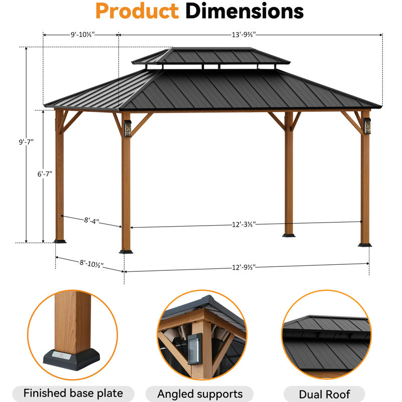 Pavillon de jardin à toit rigide 10 pi x 14 pi Hamilton avec lumières solaires auto-alimentées, moustiquaire et crochet pour auvent