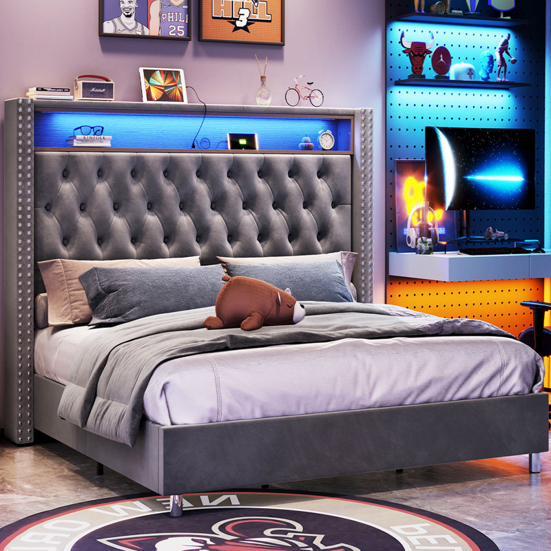Lit plateforme tapissier Mansuur, gris, Grand