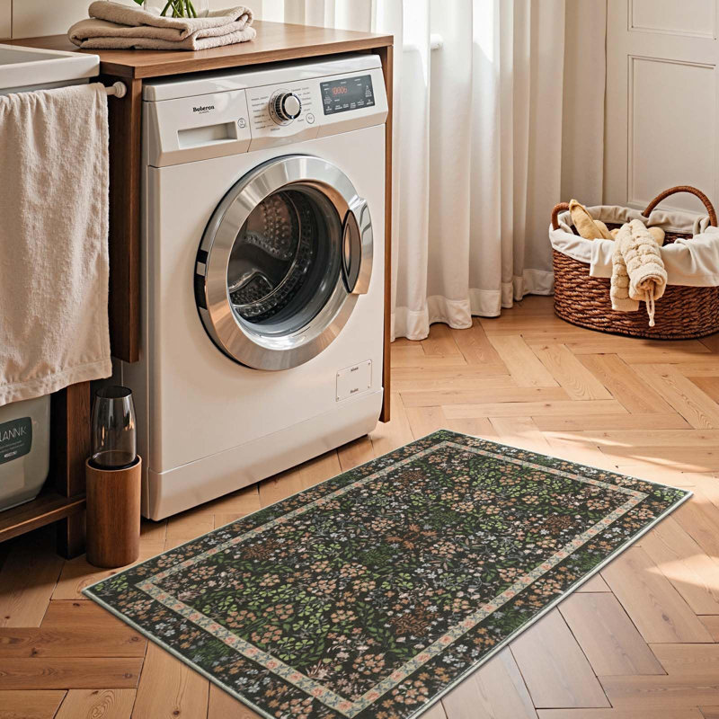 Floral Machine Washable Area Rug, Rectangle 2' x 3', Black