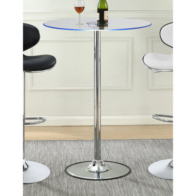 Table de bar bistro avec plateau en verre - salle à manger ronde avec base à piédestal, 42 po x 28 po x 28 po, éclairage à intensité variable à intensité énergétique, finition métallique moderne, pièce de design en métal dans la pièce de finition, 42 po de hauteur, 28 po