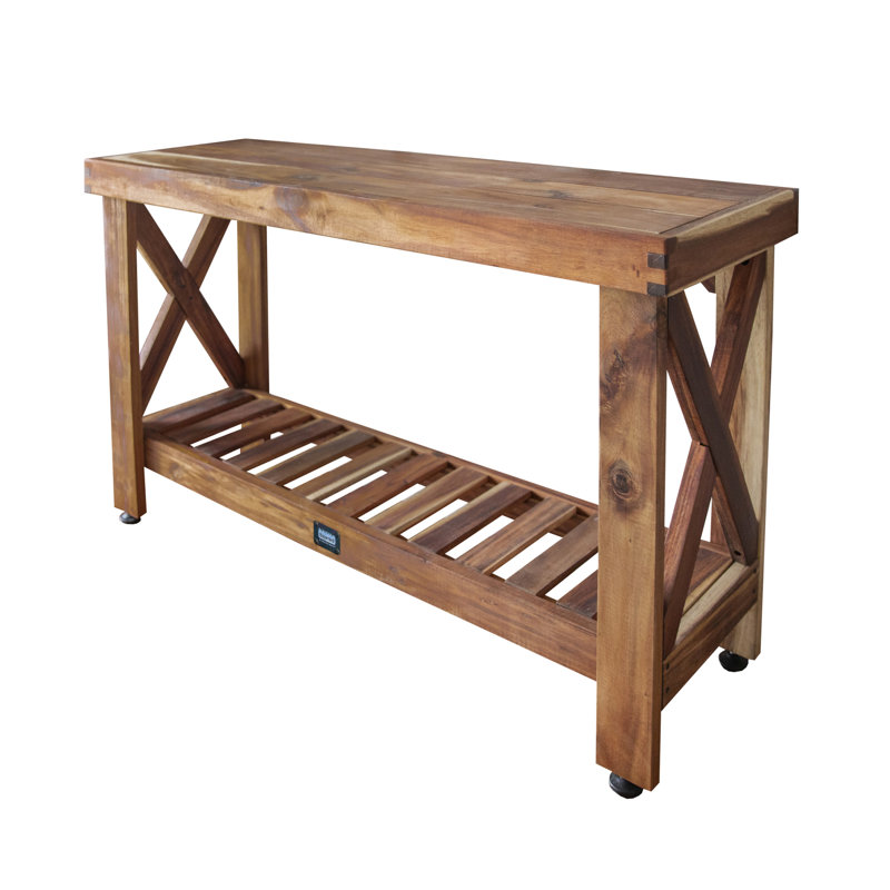 Acacia Wood Farmhouse Console Table with Lower Slat Shelf