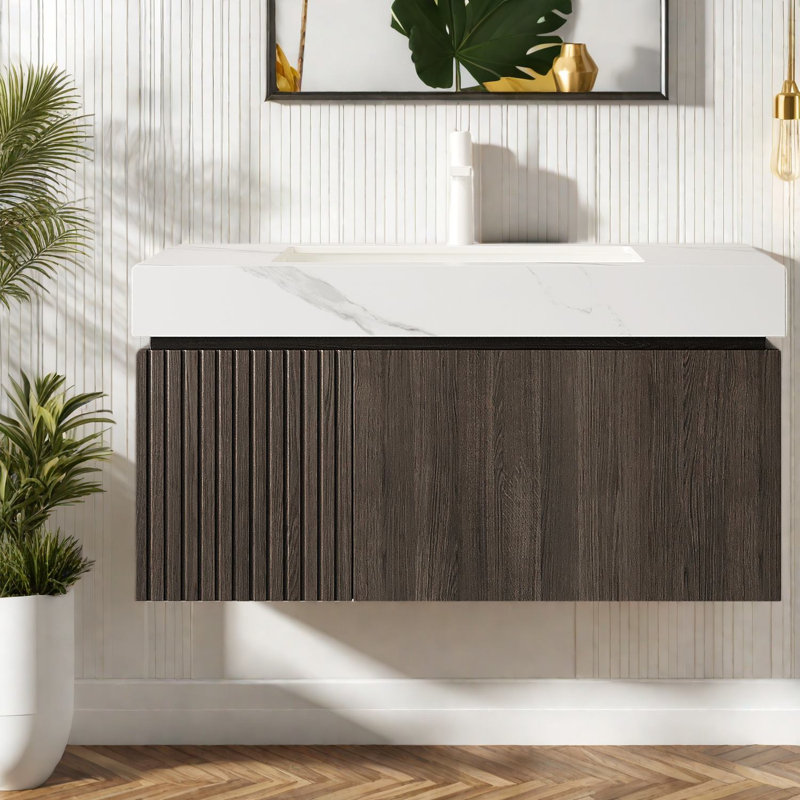 Meuble-lavabo flottant moderne avec lavabo, blanc de Carrare et design espresso