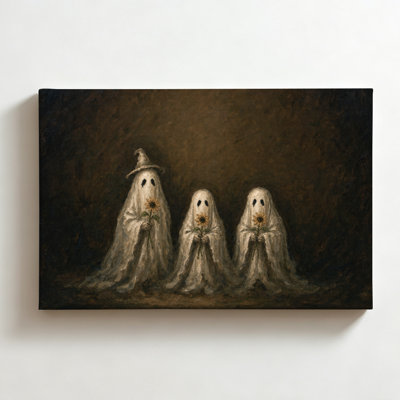 Fantômes tenant des tournesols, peinture à l'huile sombre et mystérieuse sur toile, décoration murale d'Halloween, style gothique, pour salon ou chambre, 40 x 60 cm
