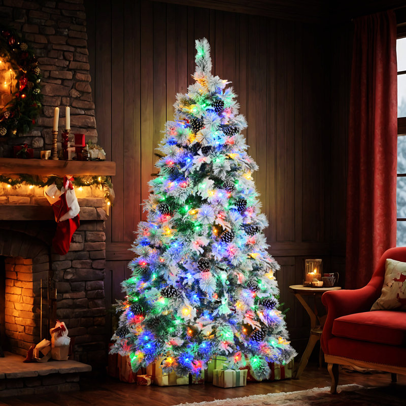 Arbre de Noël pré-éclairé enneigé avec pommes de pin, arbre de Noël artificiel avec 170 branches, 6'