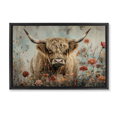  Spring Blooms Highland Cow Framed Floater Canvas by LSR Design Studio