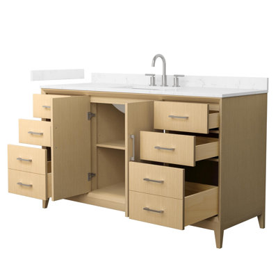 Meuble-lavabo simple 60 po Janna en chêne blanc, comptoir en marbre de culture de Carrare, lavabo carré encastré (3 trous), garniture en nickel brossé