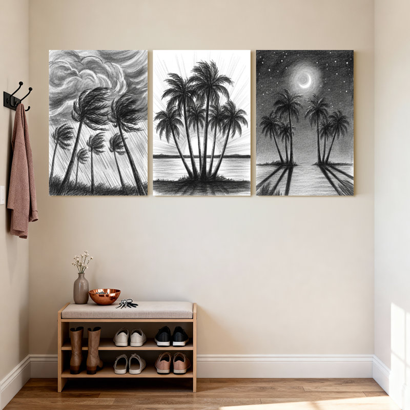 Palmiers, palmiers, reflet du ciel, étoiles de lune, nuages, vent, eau, ensemble de 3 impressions sur toile
