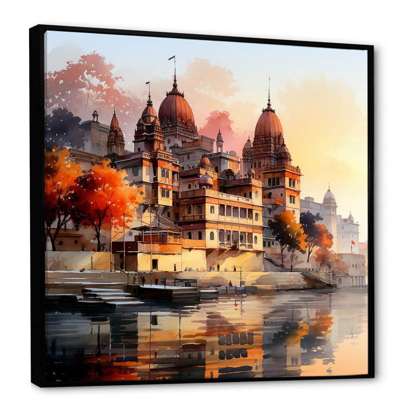 Indian Art Ganges At Dawn 1 - Art mural indien, H 16 po x l 16 po x P 1 po, Cadre flottant noir
