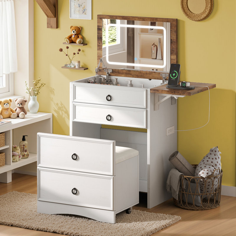  Coiffeuse 3 en 1, tabouret coulissant, panneau rabattable, rangement divisé, blanc, Blanc / Brun