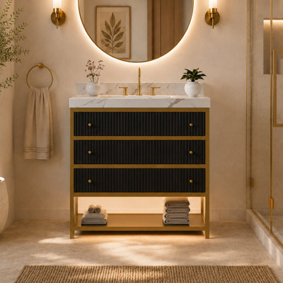 Meuble-lavabo autoportant de 36 po avec éclairage DEL, pierre d'ingénierie et tiroirs cannelés Celestia, quincaillerie dorée