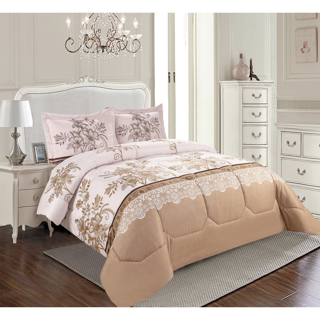 Printed Bedspreads 3 Piece Trendy Beige Comforter Bed Throw with Matching Pillow Shams