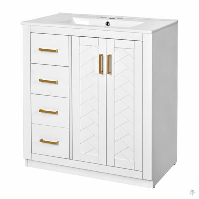 Ensemble de meuble-lavabo 30 po avec lavabo en céramique, armoire de rangement en bois massif, ensemble de meuble-lavabo autoportant avec 3 tiroirs et portes à fermeture douce