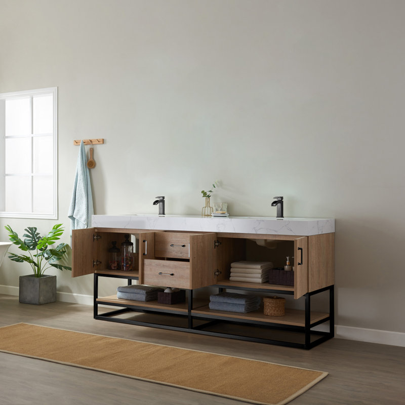 Ensemble de meuble-lavabo double 72 po Alistair, Noir mat, Chêne naturel, Blanc