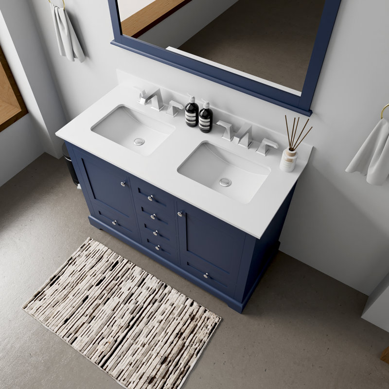 Dukes 48 in. W x 22 in. D Double Bath Vanity and 46 in. Mirror, Navy Blue, White Quartz