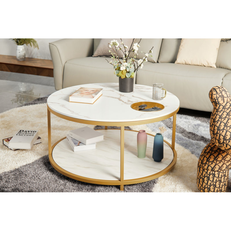 Table basse ronde blanche en mélamine à deux niveaux avec rangement intégré pour le confort d'un salon moderne, Blanc, Marbre