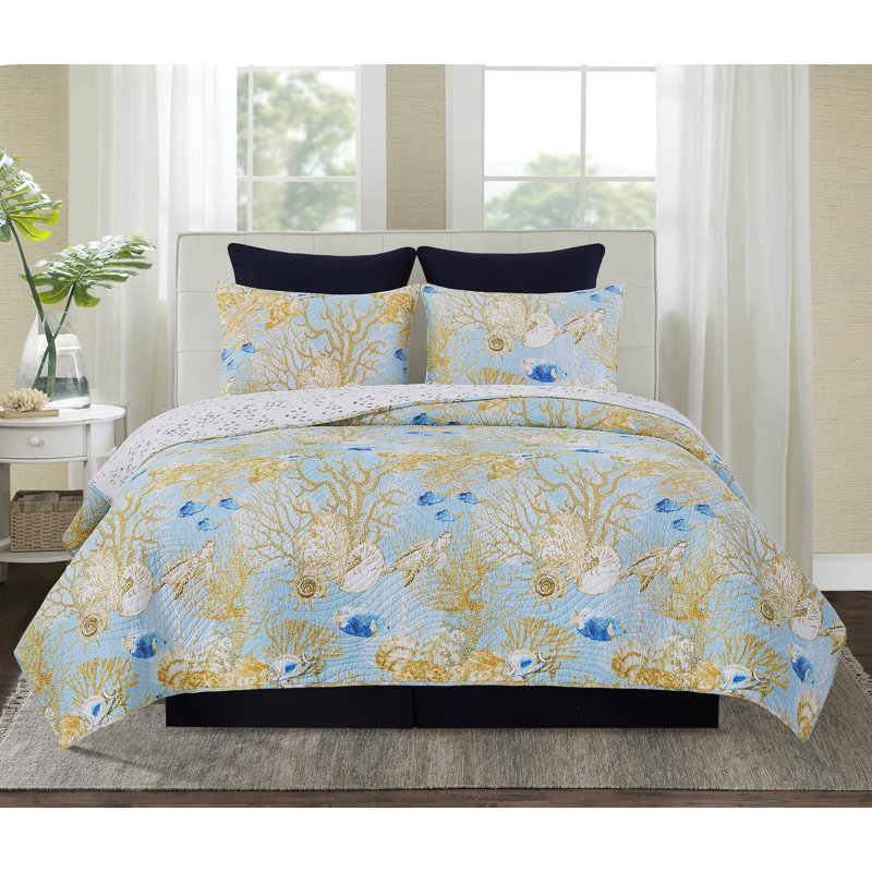 Belmont Reef Cotton Coastal Quilt Set, Queen Quilt + 2 Standard Shams
