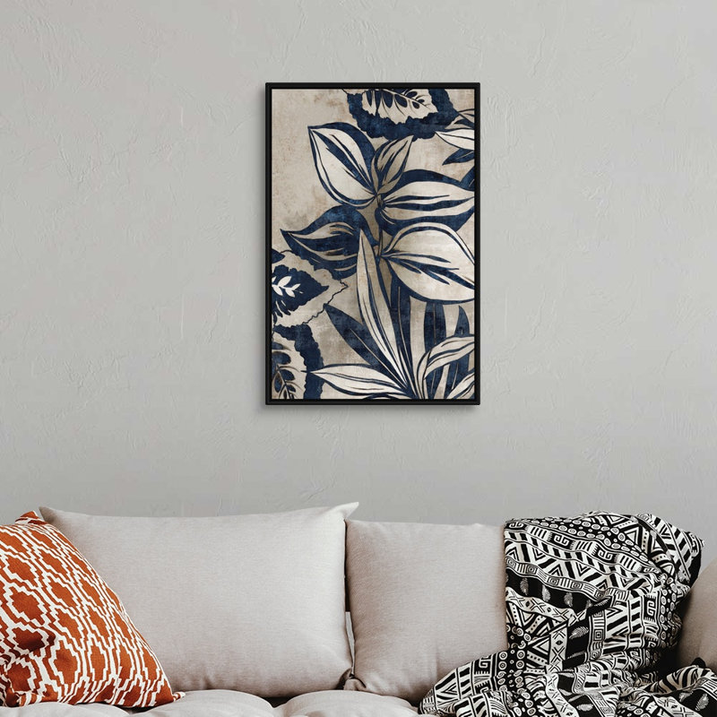Reproduction d’art sur toile, "Blue feuillage I" par Eva watts, H 32 po x l 22 po x P 1,75 po, Cadre noir