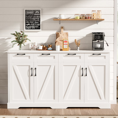 Buffet 60 po avec rangement, station de café avec 4 tiroirs et 4 portes de grange, blanc