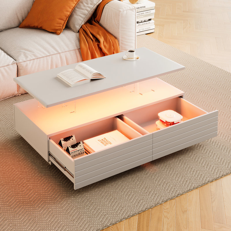 Table basse de 47,2 po avec 2 tiroirs et lumières à DEL multiples - Polyvalent et élégant rangement rectangulaire, White