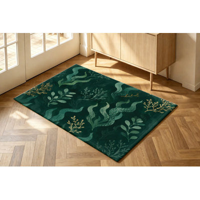 Tapis à motif abstrait d'algues et d'algues, vert foncé, feuilles d'or, artistique et antidérapant, idéal pour le salon, la chambre à coucher, l'entrée, la cuisine ou un appartement.