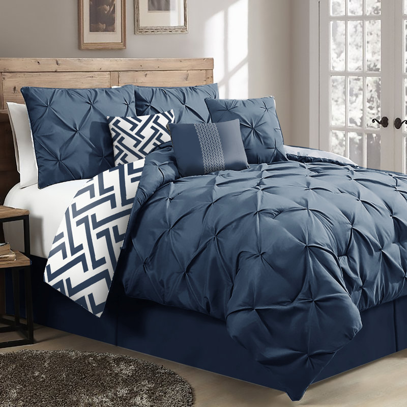 Ensemble d'édredon réversible 7 pièces Loren, Bleu marine, Édredon de très grande taille et 6 pièces suppl