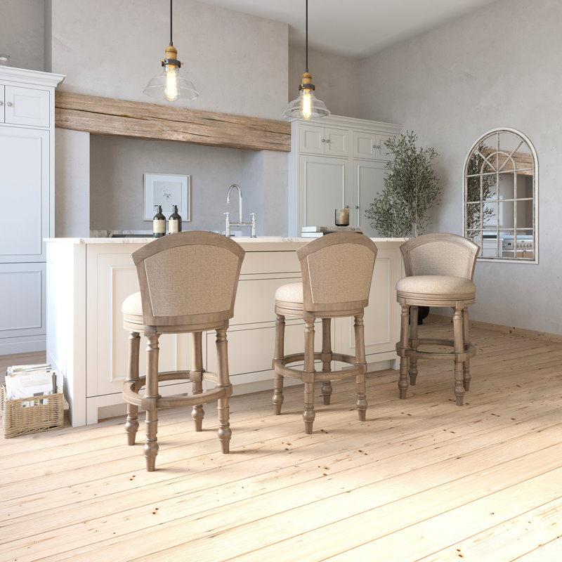 Tabouret de bar gris avec dossier pivotant à 180 degrés, siège et dossier rembourrés de couleur beige, hauteur de 31 pouces, structure en bois massif, dossier pivotant à assemblage rapide beige, confortable pour boire